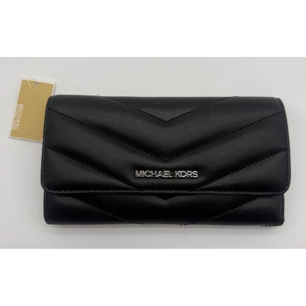 Michael Kors Jet Set Travel Large‎ Quilted Tri-Fold Wallet Black NWT